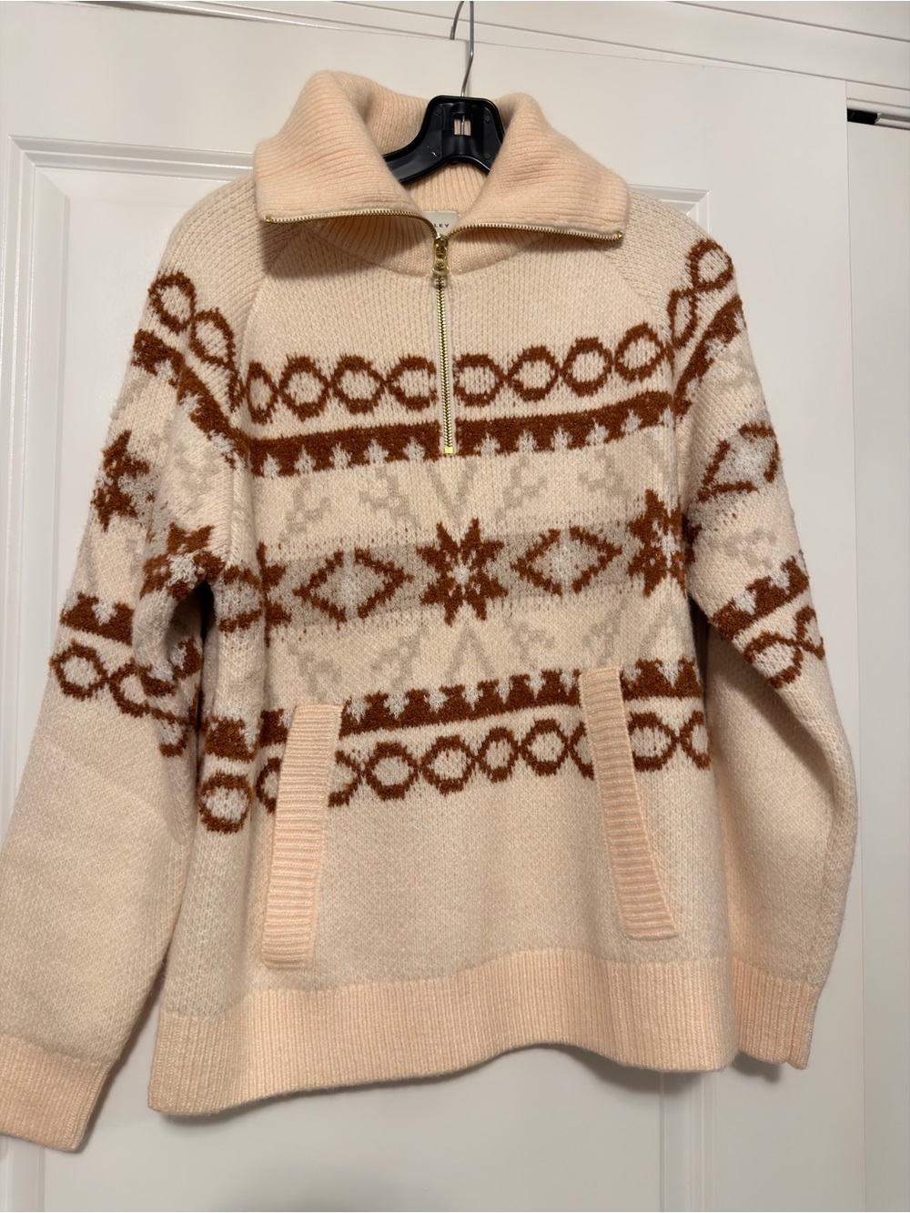 Varley Cream & Brown Fair Isle Half-Zip Pullover